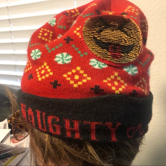 Naughty or Nice Reverse Sequin Smiley Emoji Holiday Beanie Pom Pom Hat One Size - Picture 13 of 16